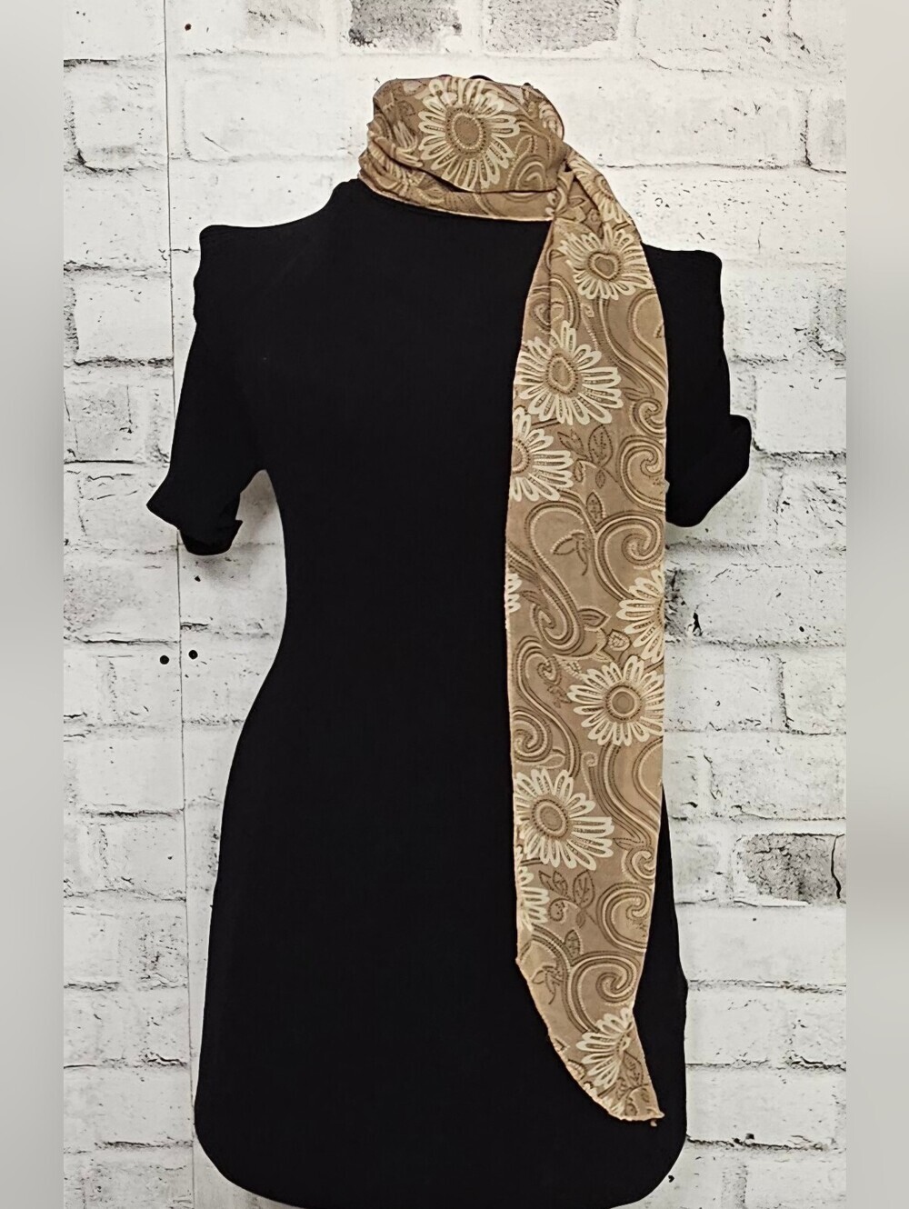 Vintage Floral Oblong Scarf Brown Cream Boho Cottagecore Neck Wrap